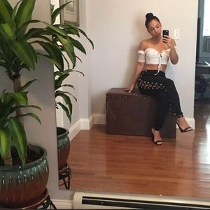 Black high waist criss cross open sided pants